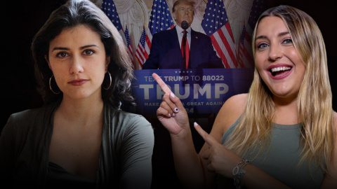 Ilustración de Olga Rodríguez y Marina Lobo; de fondo, una imagen de Donald Trump Ilustración de Olga Rodríguez y Marina Lobo; de fondo, una imagen de Donald Trump