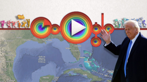 Donald Trump frente al mapa renombrado de Google Maps y un 'doodle' con motivo del Orgullo. Donald Trump frente al mapa renombrado de Google Maps y un 'doodle' con motivo del Orgullo.