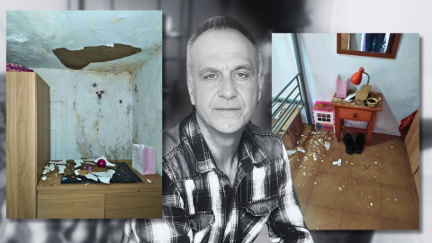 Antonio, en su piso, con imágenes de los desperfectos y las humedades que afectan a su habitación.