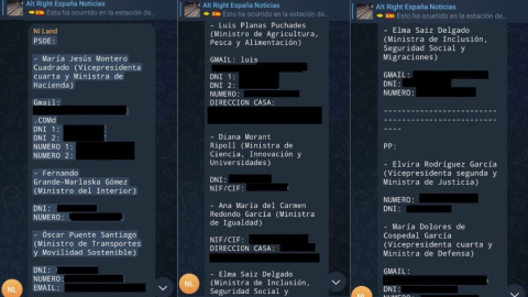 Mensajes con datos personales de ministros en el canal de Telegram de Alvise Pérez.