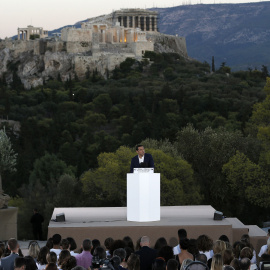 El primer ministro griego Alexis Tsipras, en una intervención pública en la Colina Pnyx Hill, frente a la Acropolis, en Atenas. REUTERS/Alkis Konstantinidis