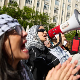 Varias personas durante una concentración propalestina frente al Congreso de los Diputados, a 20 de mayo de 2025, en Madrid.